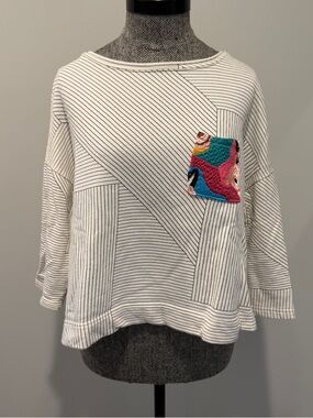 Anthropologie Striped Ivory Knit Top with Colorful Patch Pocket